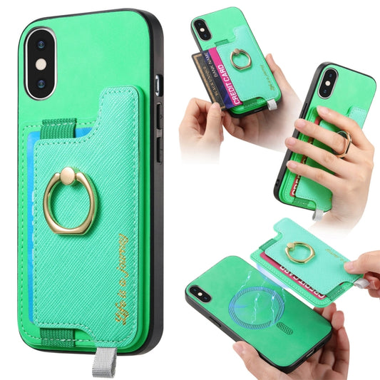 For iPhone XS Max Retro Magsafe Cross Leather Ring Holder Card Bag Phone Case(Green) - More iPhone Cases by buy2fix | Online Shopping UK | buy2fix