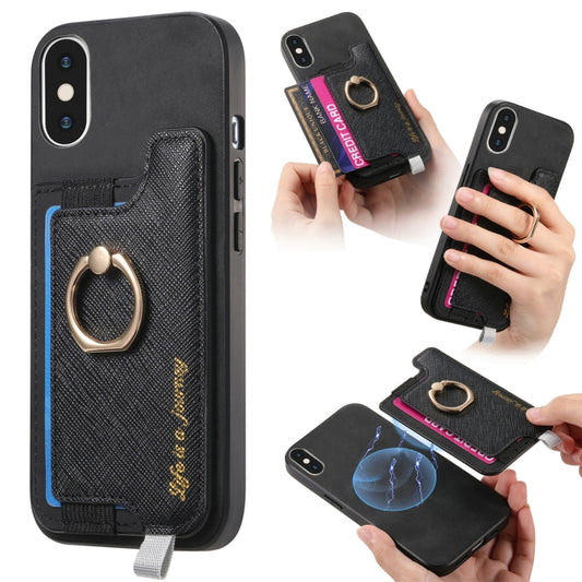 For iPhone XS Max Retro Magsafe Cross Leather Ring Holder Card Bag Phone Case(Black) - More iPhone Cases by buy2fix | Online Shopping UK | buy2fix