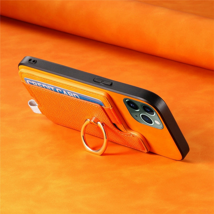 For iPhone 11 Retro Magsafe Cross Leather Ring Holder Card Bag Phone Case(Yellow) - iPhone 11 Cases by buy2fix | Online Shopping UK | buy2fix