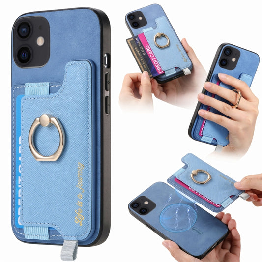For iPhone 11 Retro Magsafe Cross Leather Ring Holder Card Bag Phone Case(Blue) - iPhone 11 Cases by buy2fix | Online Shopping UK | buy2fix