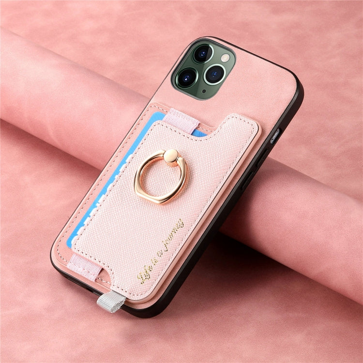 For iPhone 11 Retro Magsafe Cross Leather Ring Holder Card Bag Phone Case(Pink) - iPhone 11 Cases by buy2fix | Online Shopping UK | buy2fix