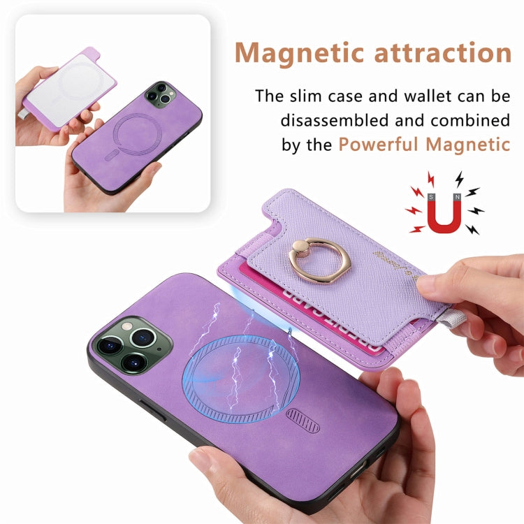 For iPhone 11 Retro Magsafe Cross Leather Ring Holder Card Bag Phone Case(Purple) - iPhone 11 Cases by buy2fix | Online Shopping UK | buy2fix