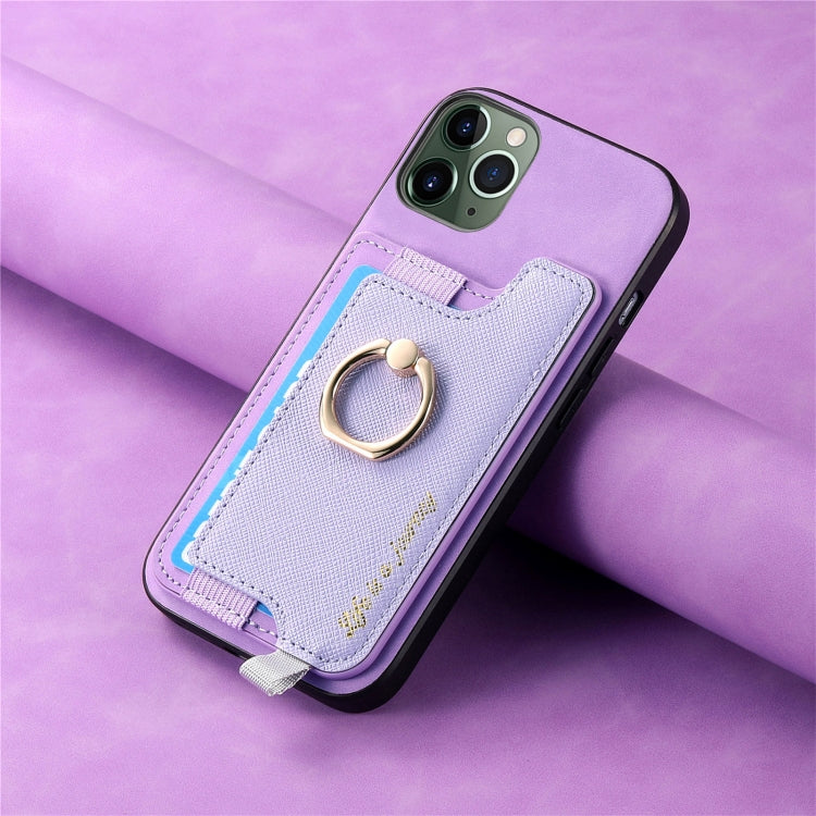 For iPhone 11 Retro Magsafe Cross Leather Ring Holder Card Bag Phone Case(Purple) - iPhone 11 Cases by buy2fix | Online Shopping UK | buy2fix