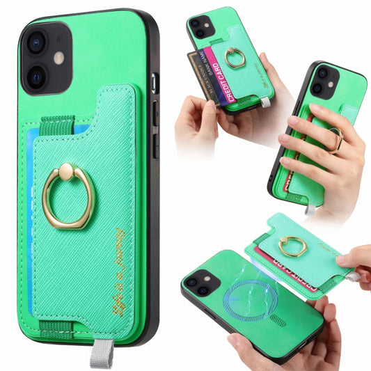 For iPhone 11 Retro Magsafe Cross Leather Ring Holder Card Bag Phone Case(Green) - iPhone 11 Cases by buy2fix | Online Shopping UK | buy2fix