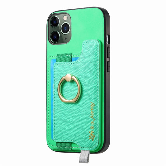For iPhone 11 Retro Magsafe Cross Leather Ring Holder Card Bag Phone Case(Green) - iPhone 11 Cases by buy2fix | Online Shopping UK | buy2fix