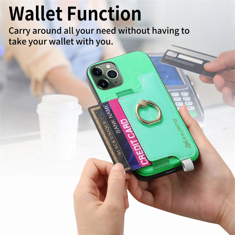 For iPhone 11 Retro Magsafe Cross Leather Ring Holder Card Bag Phone Case(Green) - iPhone 11 Cases by buy2fix | Online Shopping UK | buy2fix