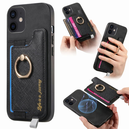 For iPhone 11 Retro Magsafe Cross Leather Ring Holder Card Bag Phone Case(Black) - iPhone 11 Cases by buy2fix | Online Shopping UK | buy2fix