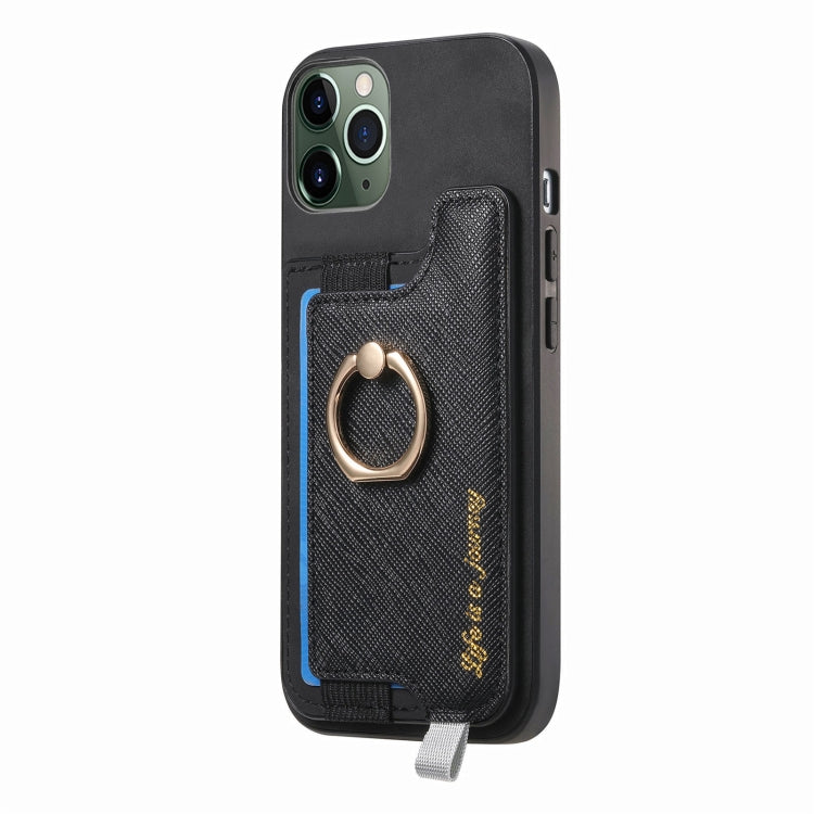 For iPhone 11 Retro Magsafe Cross Leather Ring Holder Card Bag Phone Case(Black) - iPhone 11 Cases by buy2fix | Online Shopping UK | buy2fix