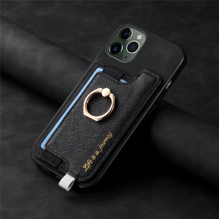 For iPhone 11 Retro Magsafe Cross Leather Ring Holder Card Bag Phone Case(Black) - iPhone 11 Cases by buy2fix | Online Shopping UK | buy2fix