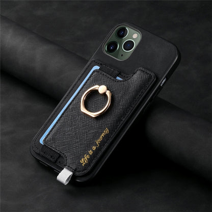 For iPhone 11 Retro Magsafe Cross Leather Ring Holder Card Bag Phone Case(Black) - iPhone 11 Cases by buy2fix | Online Shopping UK | buy2fix
