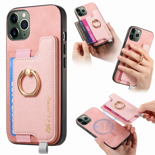For iPhone 11 Pro Max Retro Magsafe Cross Leather Ring Holder Card Bag Phone Case(Pink) - iPhone 11 Pro Max Cases by buy2fix | Online Shopping UK | buy2fix