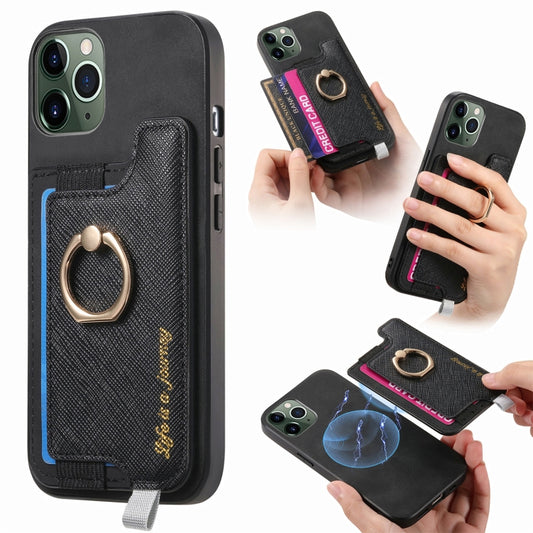 For iPhone 11 Pro Max Retro Magsafe Cross Leather Ring Holder Card Bag Phone Case(Black) - iPhone 11 Pro Max Cases by buy2fix | Online Shopping UK | buy2fix