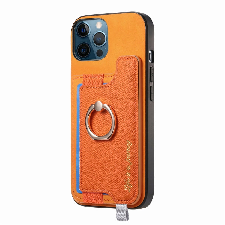 For iPhone 12 / 12 Pro Retro Magsafe Cross Leather Ring Holder Card Bag Phone Case(Yellow) - More iPhone Cases by buy2fix | Online Shopping UK | buy2fix
