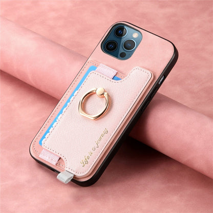 For iPhone 12 / 12 Pro Retro Magsafe Cross Leather Ring Holder Card Bag Phone Case(Pink) - More iPhone Cases by buy2fix | Online Shopping UK | buy2fix