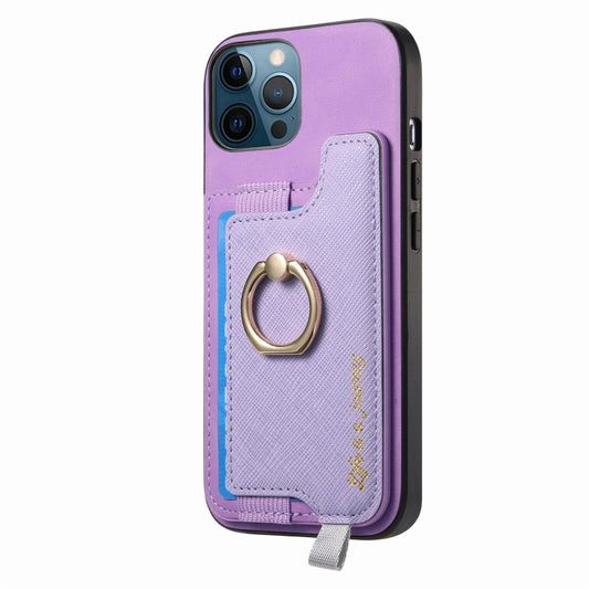 For iPhone 12 / 12 Pro Retro Magsafe Cross Leather Ring Holder Card Bag Phone Case(Purple) - More iPhone Cases by buy2fix | Online Shopping UK | buy2fix