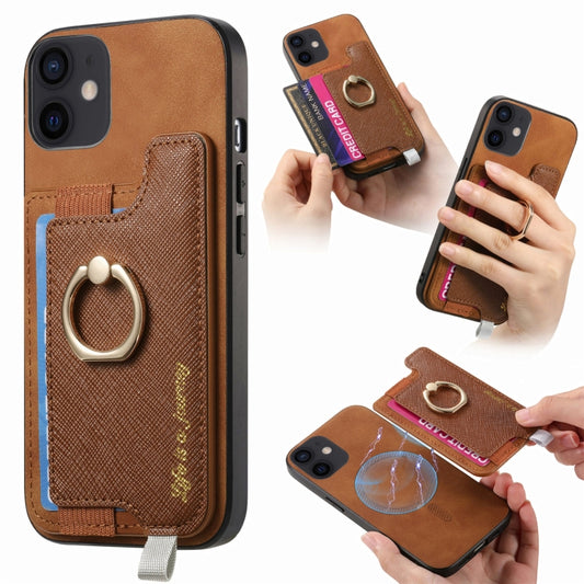 For iPhone 12 / 12 Pro Retro Magsafe Cross Leather Ring Holder Card Bag Phone Case(Brown) - More iPhone Cases by buy2fix | Online Shopping UK | buy2fix