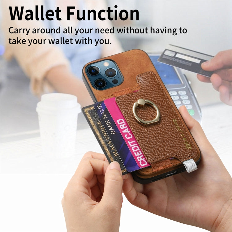 For iPhone 12 / 12 Pro Retro Magsafe Cross Leather Ring Holder Card Bag Phone Case(Brown) - More iPhone Cases by buy2fix | Online Shopping UK | buy2fix