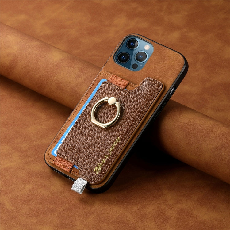 For iPhone 12 / 12 Pro Retro Magsafe Cross Leather Ring Holder Card Bag Phone Case(Brown) - More iPhone Cases by buy2fix | Online Shopping UK | buy2fix