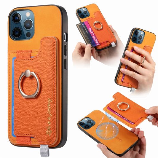 For iPhone 12 Pro Max Retro Magsafe Cross Leather Ring Holder Card Bag Phone Case(Yellow) - iPhone 12 Pro Max Cases by buy2fix | Online Shopping UK | buy2fix
