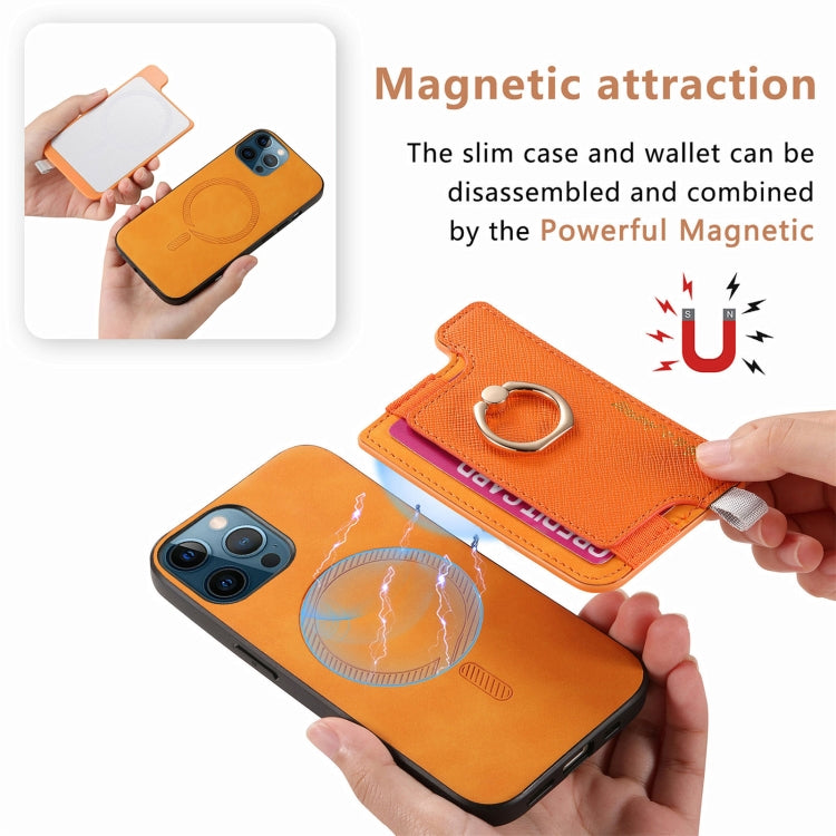 For iPhone 12 Pro Max Retro Magsafe Cross Leather Ring Holder Card Bag Phone Case(Yellow) - iPhone 12 Pro Max Cases by buy2fix | Online Shopping UK | buy2fix
