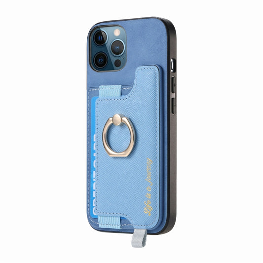 For iPhone 12 Pro Max Retro Magsafe Cross Leather Ring Holder Card Bag Phone Case(Blue) - iPhone 12 Pro Max Cases by buy2fix | Online Shopping UK | buy2fix
