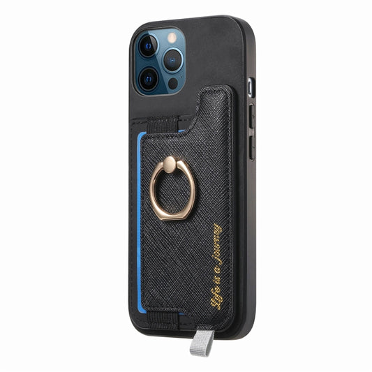 For iPhone 12 Pro Max Retro Magsafe Cross Leather Ring Holder Card Bag Phone Case(Black) - iPhone 12 Pro Max Cases by buy2fix | Online Shopping UK | buy2fix