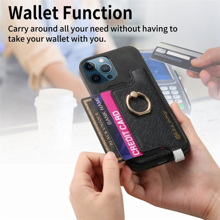 For iPhone 12 Pro Max Retro Magsafe Cross Leather Ring Holder Card Bag Phone Case(Black) - iPhone 12 Pro Max Cases by buy2fix | Online Shopping UK | buy2fix