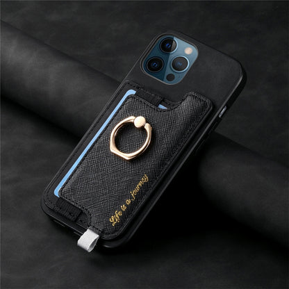 For iPhone 12 Pro Max Retro Magsafe Cross Leather Ring Holder Card Bag Phone Case(Black) - iPhone 12 Pro Max Cases by buy2fix | Online Shopping UK | buy2fix