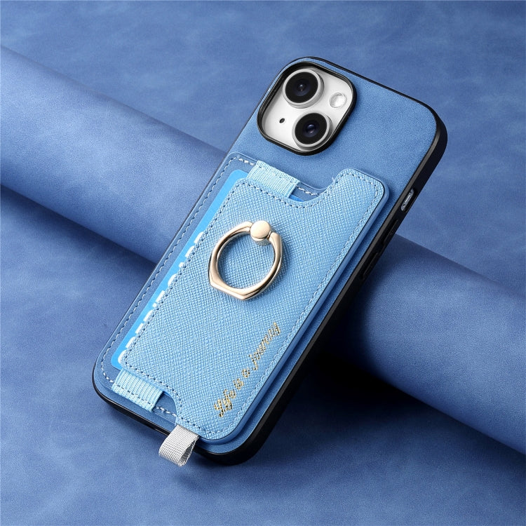 For iPhone 14 Retro Magsafe Cross Leather Ring Holder Card Bag Phone Case(Blue) - iPhone 14 Cases by buy2fix | Online Shopping UK | buy2fix