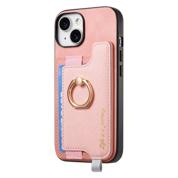 For iPhone 14 Retro Magsafe Cross Leather Ring Holder Card Bag Phone Case(Pink) - iPhone 14 Cases by buy2fix | Online Shopping UK | buy2fix