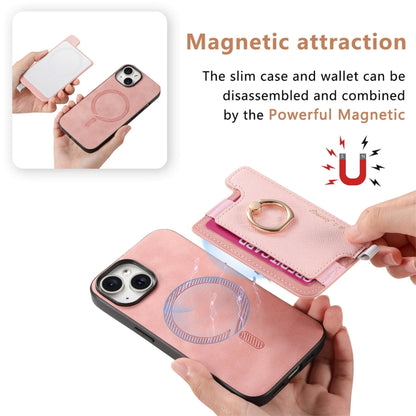 For iPhone 14 Retro Magsafe Cross Leather Ring Holder Card Bag Phone Case(Pink) - iPhone 14 Cases by buy2fix | Online Shopping UK | buy2fix