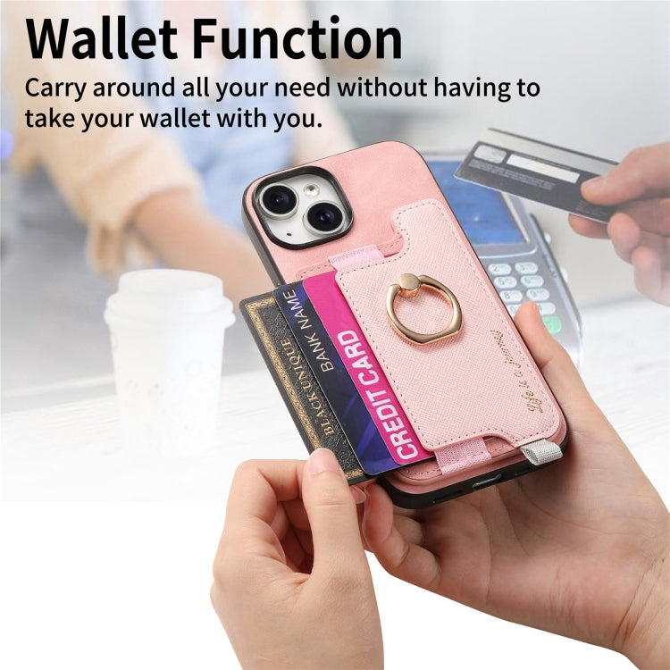 For iPhone 14 Retro Magsafe Cross Leather Ring Holder Card Bag Phone Case(Pink) - iPhone 14 Cases by buy2fix | Online Shopping UK | buy2fix