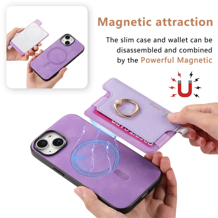 For iPhone 14 Retro Magsafe Cross Leather Ring Holder Card Bag Phone Case(Purple) - iPhone 14 Cases by buy2fix | Online Shopping UK | buy2fix