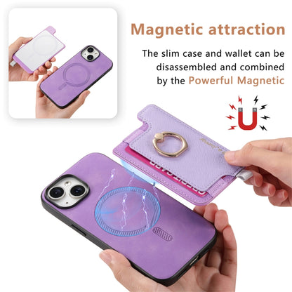 For iPhone 14 Retro Magsafe Cross Leather Ring Holder Card Bag Phone Case(Purple) - iPhone 14 Cases by buy2fix | Online Shopping UK | buy2fix