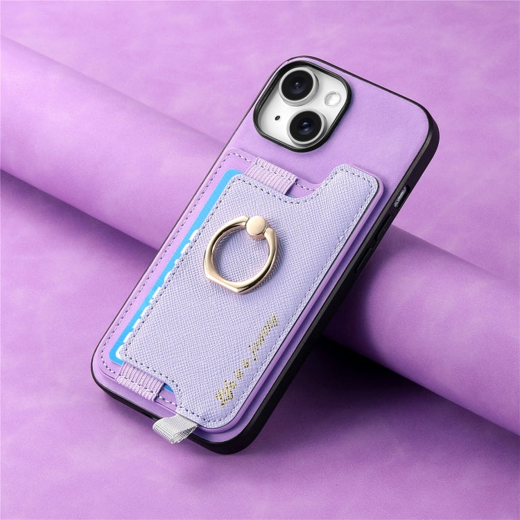 For iPhone 14 Retro Magsafe Cross Leather Ring Holder Card Bag Phone Case(Purple) - iPhone 14 Cases by buy2fix | Online Shopping UK | buy2fix