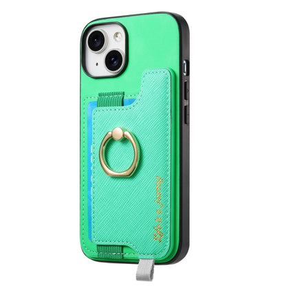 For iPhone 14 Retro Magsafe Cross Leather Ring Holder Card Bag Phone Case(Green) - iPhone 14 Cases by buy2fix | Online Shopping UK | buy2fix