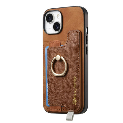For iPhone 14 Retro Magsafe Cross Leather Ring Holder Card Bag Phone Case(Brown) - iPhone 14 Cases by buy2fix | Online Shopping UK | buy2fix