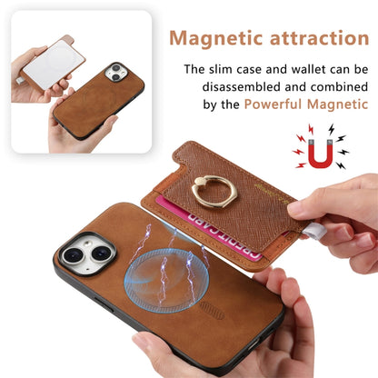 For iPhone 14 Retro Magsafe Cross Leather Ring Holder Card Bag Phone Case(Brown) - iPhone 14 Cases by buy2fix | Online Shopping UK | buy2fix