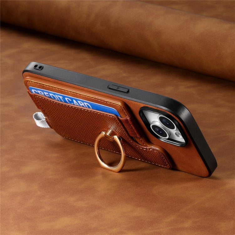 For iPhone 14 Retro Magsafe Cross Leather Ring Holder Card Bag Phone Case(Brown) - iPhone 14 Cases by buy2fix | Online Shopping UK | buy2fix