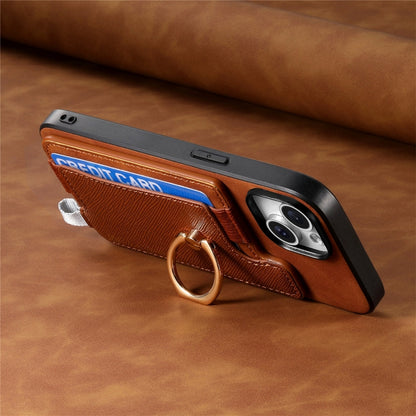 For iPhone 14 Retro Magsafe Cross Leather Ring Holder Card Bag Phone Case(Brown) - iPhone 14 Cases by buy2fix | Online Shopping UK | buy2fix