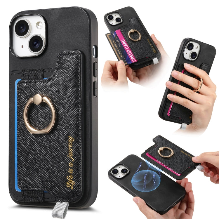 For iPhone 14 Retro Magsafe Cross Leather Ring Holder Card Bag Phone Case(Black) - iPhone 14 Cases by buy2fix | Online Shopping UK | buy2fix