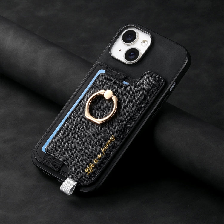 For iPhone 14 Retro Magsafe Cross Leather Ring Holder Card Bag Phone Case(Black) - iPhone 14 Cases by buy2fix | Online Shopping UK | buy2fix