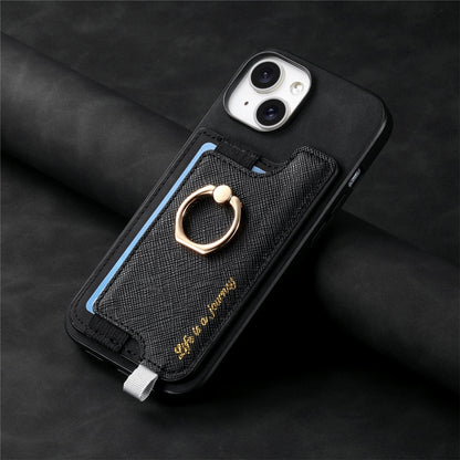 For iPhone 14 Retro Magsafe Cross Leather Ring Holder Card Bag Phone Case(Black) - iPhone 14 Cases by buy2fix | Online Shopping UK | buy2fix