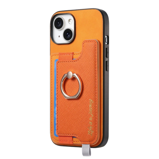 For iPhone 14 Plus Retro Magsafe Cross Leather Ring Holder Card Bag Phone Case(Yellow) - iPhone 14 Plus Cases by buy2fix | Online Shopping UK | buy2fix