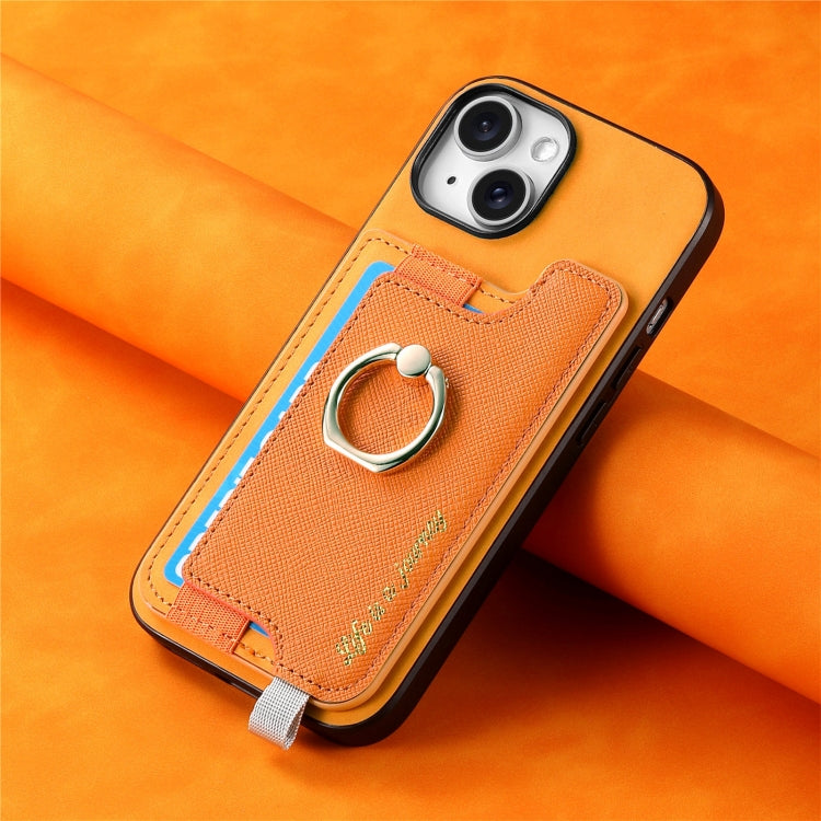 For iPhone 14 Plus Retro Magsafe Cross Leather Ring Holder Card Bag Phone Case(Yellow) - iPhone 14 Plus Cases by buy2fix | Online Shopping UK | buy2fix