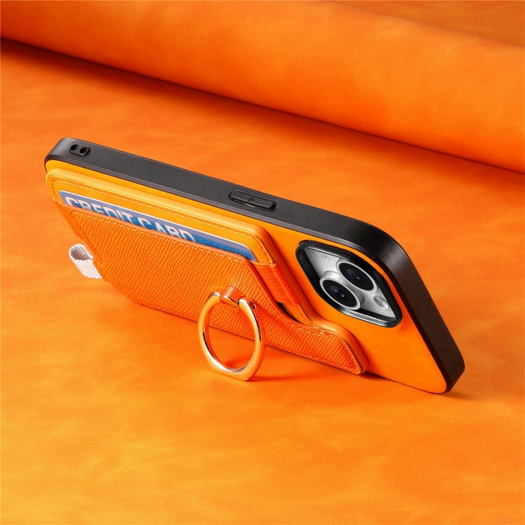 For iPhone 14 Plus Retro Magsafe Cross Leather Ring Holder Card Bag Phone Case(Yellow) - iPhone 14 Plus Cases by buy2fix | Online Shopping UK | buy2fix