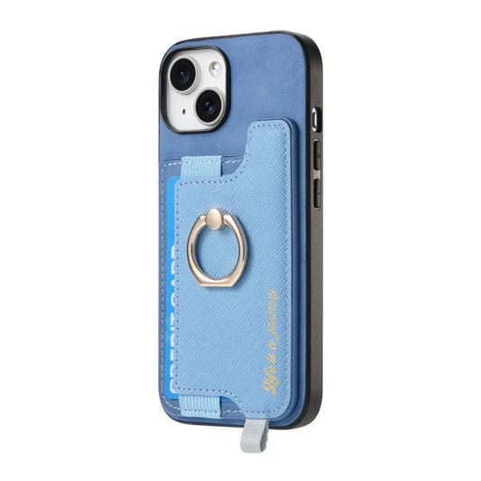 For iPhone 14 Plus Retro Magsafe Cross Leather Ring Holder Card Bag Phone Case(Blue) - iPhone 14 Plus Cases by buy2fix | Online Shopping UK | buy2fix