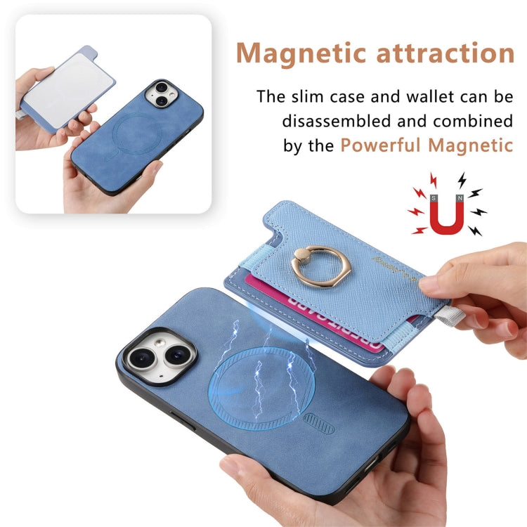 For iPhone 14 Plus Retro Magsafe Cross Leather Ring Holder Card Bag Phone Case(Blue) - iPhone 14 Plus Cases by buy2fix | Online Shopping UK | buy2fix