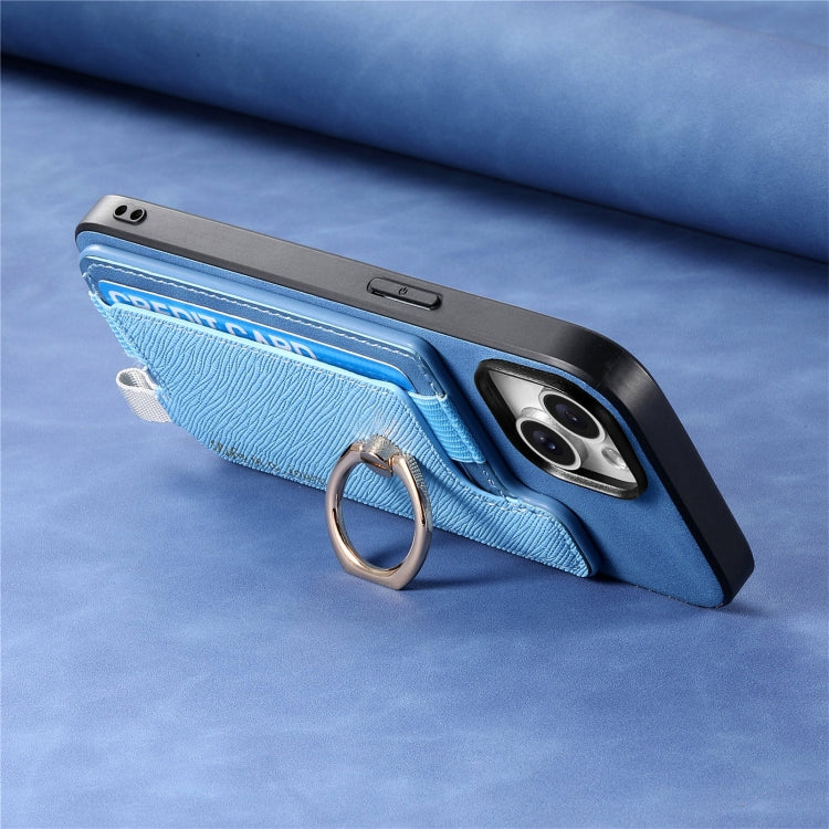 For iPhone 14 Plus Retro Magsafe Cross Leather Ring Holder Card Bag Phone Case(Blue) - iPhone 14 Plus Cases by buy2fix | Online Shopping UK | buy2fix