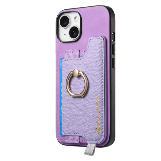 For iPhone 14 Plus Retro Magsafe Cross Leather Ring Holder Card Bag Phone Case(Purple) - iPhone 14 Plus Cases by buy2fix | Online Shopping UK | buy2fix